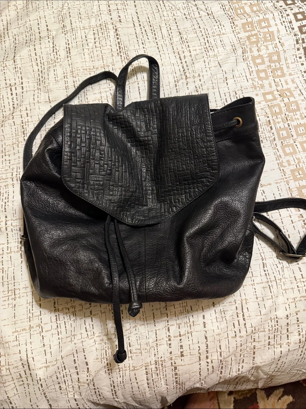 Day & Mood Black Leather Drawstring Backpack - Unbranded